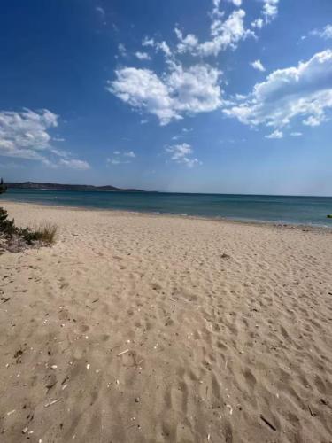 a sandy beach with the ocean in the background at Schinias Forest Beach House in Marathón