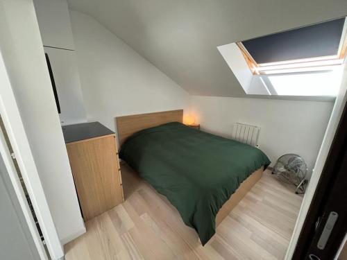 モンテリにあるCharming townhouse Downtownの緑のベッドと天窓のある小さな寝室