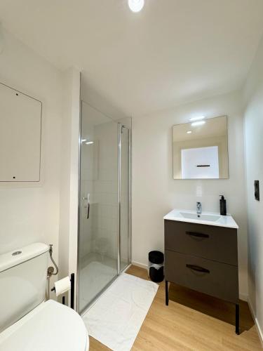 une salle de bain avec une douche, un lavabo et des toilettes dans l'établissement We Live Inn Sharies Reims A301, à Reims