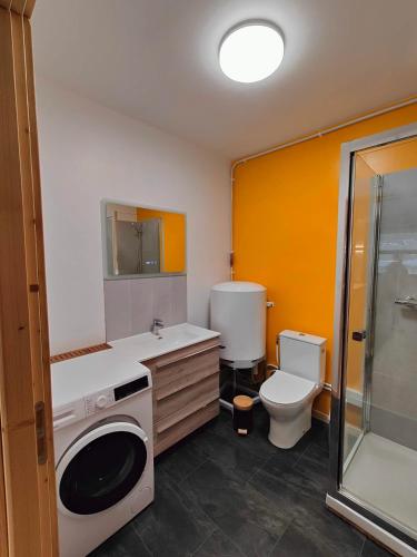 La salle de bains est pourvue de toilettes et d'un lave-linge. dans l'établissement Ailleurs La Chalp à Saint-Véran, à Saint-Véran
