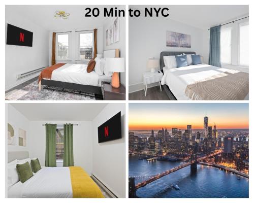 a collage of photos of a hotel room with a view of the city at Modern 3BR Stay - Up to 7 Guests - 20 Mins to NYC in West New York