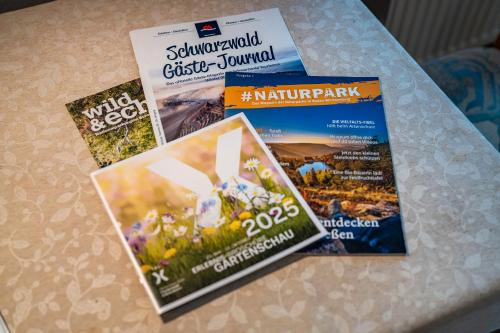 a table with three brochures on top of it at Gästehaus Gerda in Bad Peterstal-Griesbach
