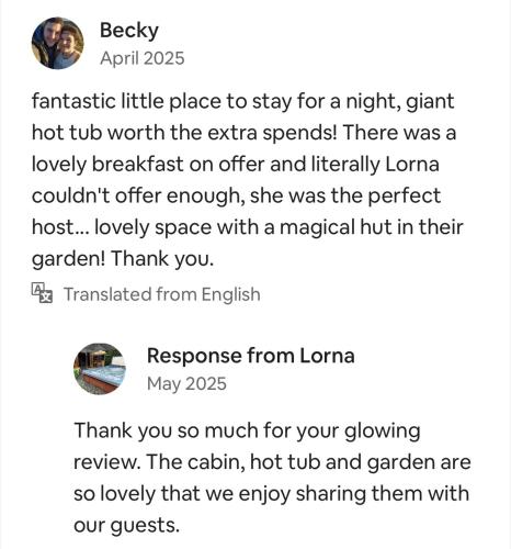 a screenshot of a text message about the gourmet foodservice line at Romantic Swiss Cabin Hideaway & Hot Tub Spa Pool in Chandlers Ford