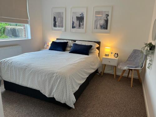 a bedroom with a large bed with blue pillows at Holywood Halt in Holywood