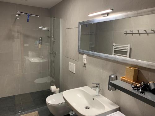 a bathroom with a sink and a toilet and a mirror at Skalka Exclusive Resort in Železná Ruda
