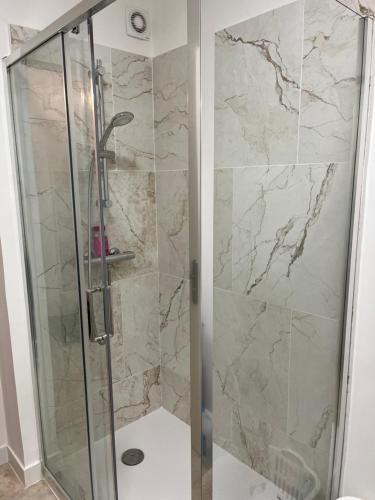 La salle de bains est pourvue d'une douche et de murs en marbre. dans l'établissement Charming Flat close to beach, à Cannes