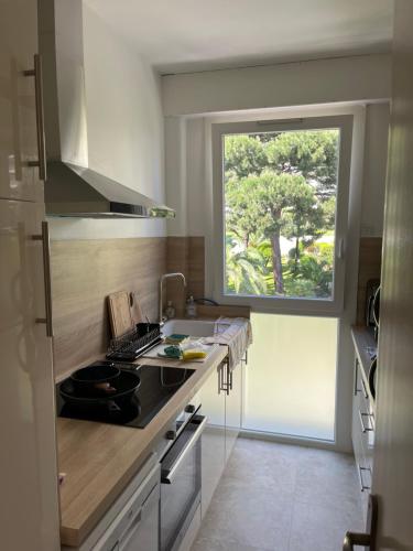 une cuisine avec un évier et une fenêtre dans l'établissement Charming Flat close to beach, à Cannes