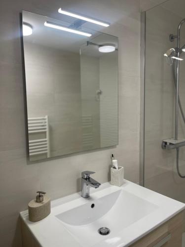 une salle de bain avec un lavabo et un miroir dans l'établissement Appart vue mer coeur ville - Casa Riviera Bellevue, à Sainte-Maxime