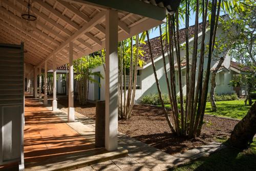 a covered walkway in front of a house with palm trees at Nyne Hotels Rock Villa - Bentota in Bentota