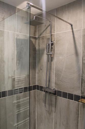 une douche avec une porte vitrée dans une salle de bain dans l'établissement la villa des six ifs- L'olivier, à Flayosc