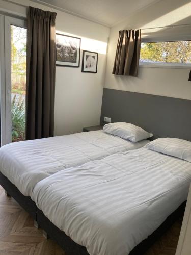 a large bed in a bedroom with a window at Cottage Tjill 6 pers Loonse en Drunense duinen en Efteling in Kaatsheuvel