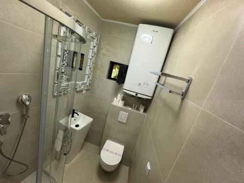 a bathroom with a shower and a toilet and a sink at Apartments Jovanovic - Alkima in Kotor
