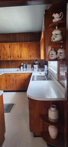 a kitchen with a sink and wooden cabinets at Small-town bungalow downtown in Pineville