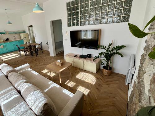a living room with a couch and a flat screen tv at Apartmány Naxarův dvůr in Horažďovice