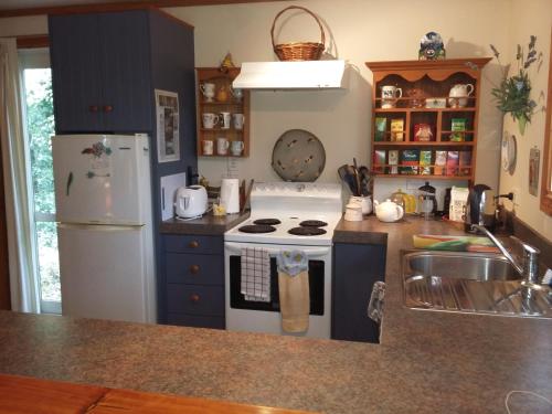 a kitchen with a white stove and a refrigerator at Bumblebee Cottage in Greytown