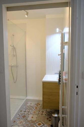 une salle de bain avec une douche, un lavabo et un miroir dans l'établissement Cozy 2-room apartment between Paris & Versailles, à Viroflay
