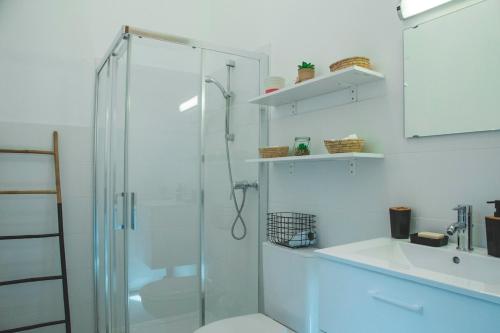 a bathroom with a shower and a toilet and a sink at Le Trèfle proche de Genève et Annecy in Beaumont
