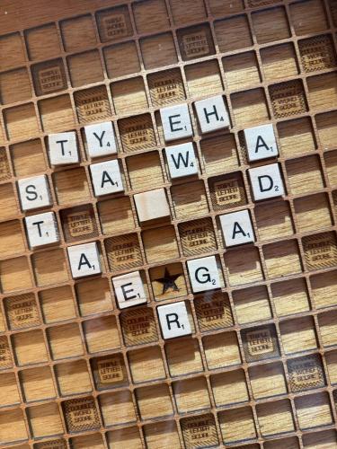 a bunch of wooden tiles with letters on them at Cozy Cabin Getaway! in Fancy Gap
