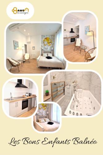 un collage de quatre photos d'une pièce dans l'établissement Les Bons Enfants Balnéo, à Rouen