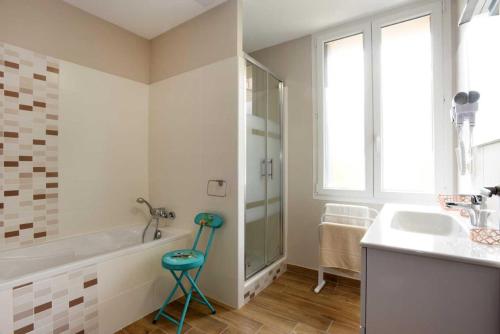 a bathroom with a tub and a sink and a shower at Les colombelles in Sainte-Colombe