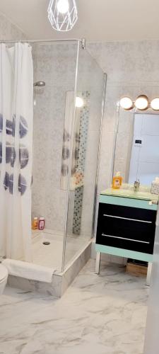 une salle de bain avec douche et lavabo dans l'établissement Studio with view of Monaco, à Beausoleil