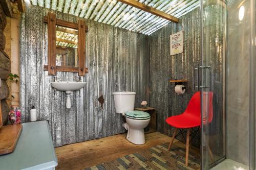 a bathroom with a toilet and a sink and a red chair at Tregroes Glamping Geodomes in Manortown