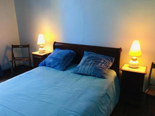 a bedroom with a bed with blue sheets and two lamps at Ancienne ecole de moncere in Penne