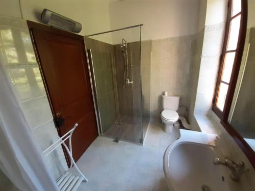 a bathroom with a shower and a toilet and a sink at Ancienne ecole de moncere in Penne