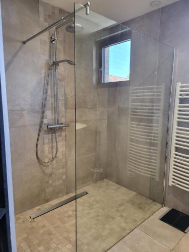 une douche avec une porte vitrée dans une salle de bain dans l'établissement Appartement standing bord Sorgue, à LʼIsle-sur-la-Sorgue