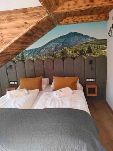 a bedroom with a large bed with a view at Dom Perełka w Karpaczu BASEN,SAUNA in Karpacz