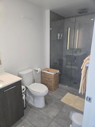 a bathroom with a toilet and a shower at Miami-Brickell Luxury 2BR-2BATH with skyline VIEWS - walking distance to HEAT ARENA & BAYSIDE in Miami