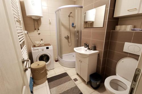 une petite salle de bain avec toilettes et douche dans l'établissement Lovely 1-bedroom rental unit with free parking, à Sarajevo