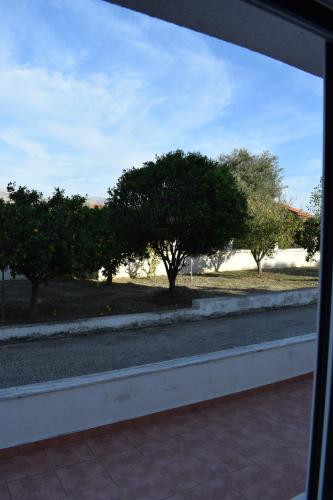 a view of trees from the window of a building at Traditional apartment in nature in Kouvaláta