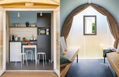 a room with a kitchen and a living room with a kitchenasteryasteryasteryastery at Camping le Convivial CocoSweet 4 personnes in Saint-Martial-de-Nabirat