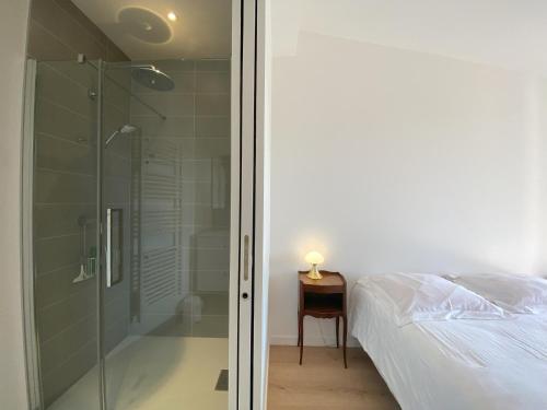 eine Glasdusche in einem Schlafzimmer mit einem Bett in der Unterkunft Villa La Foliotte in Saint-Pair-sur-Mer