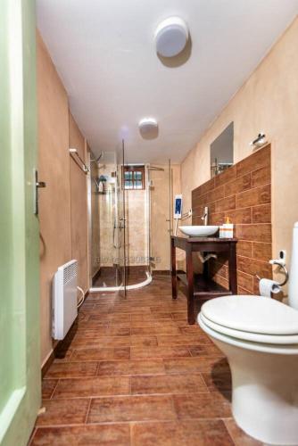 a bathroom with a toilet and a shower and a sink at Стальовата Къща - Stalyovata Guest House - Private Pool, Jacuzzi & Sauna in Prokhod