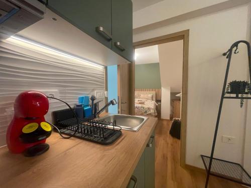 a kitchen counter with a sink and a mirror at Apartman DA2 in Piran