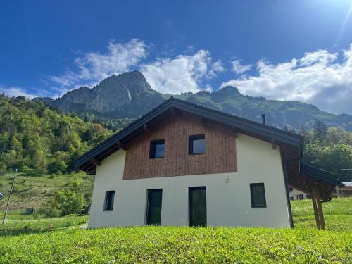 a house in a field with mountains in the background at Villa luxueuse avec sauna et jacuzzi in Bellevaux