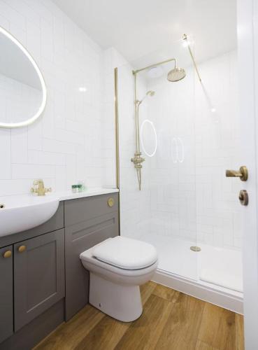 a bathroom with a toilet and a sink and a shower at Stylish 2-Bed Apartment in the Heritage Quarter in Dunfermline