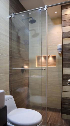 a glass shower in a bathroom with a toilet at Hotel Alessio in Bucaramanga