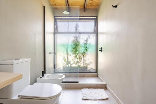 ein weißes Bad mit einem Fenster und einem WC in der Unterkunft Las Nandinas - Olivo in Ciudad Lujan de Cuyo