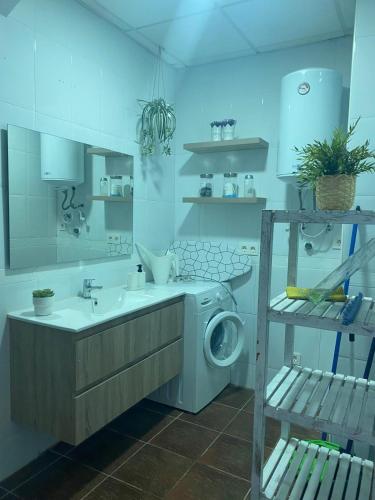 a bathroom with a washing machine and a sink at Balcón de la Plaza in Moclín