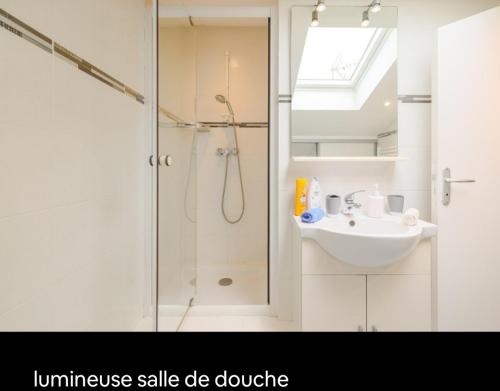 Un baño blanco con ducha y lavabo. en Appartements Au Cros De Cagnes, en Cros-de-Cagnes