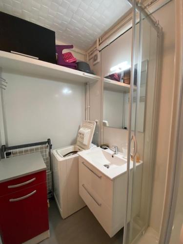 une petite salle de bain avec un lavabo et un miroir dans l'établissement Studio 2 à 4 personnes avec balcon et parking, à La Bourboule