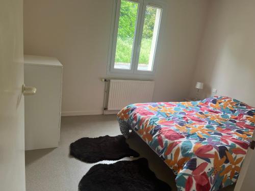 une chambre avec un lit avec une couette colorée et une fenêtre dans l'établissement Chambre chez l habitant, à Saint-Laurent-sur-Sèvre