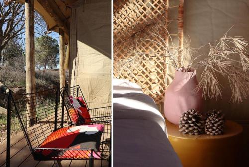 a room with a bed and a vase on a porch at Ortal Glamping in Ortal