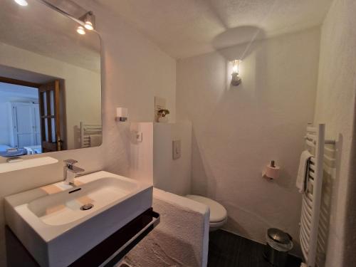 une salle de bain avec un lavabo, des toilettes et un miroir dans l'établissement Hameau Des Claudins, au Plan-de-la-Tour