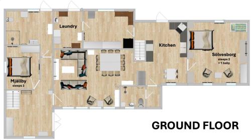 a floor plan of the ground floor of aominium at Ferienhaus Istaby in Sölvesborg