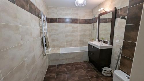 une salle de bain avec une douche, un lavabo et une baignoire dans l'établissement Terrace and apartment Between lake and mountain, à Annecy