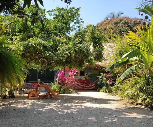 Donde Orlando - Guatiguara في سانتا مارتا: حديقة فيها طاولة وكراسي تحت شجرة